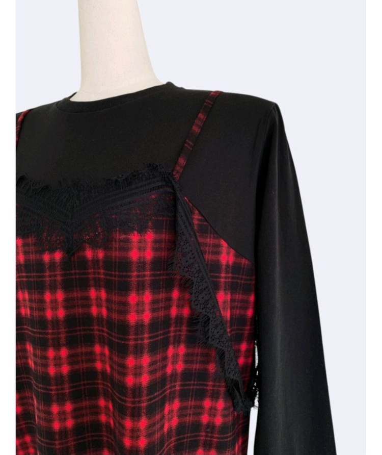 체크 레이스 뷔스티에 레이어드 롱원피스 레드--5