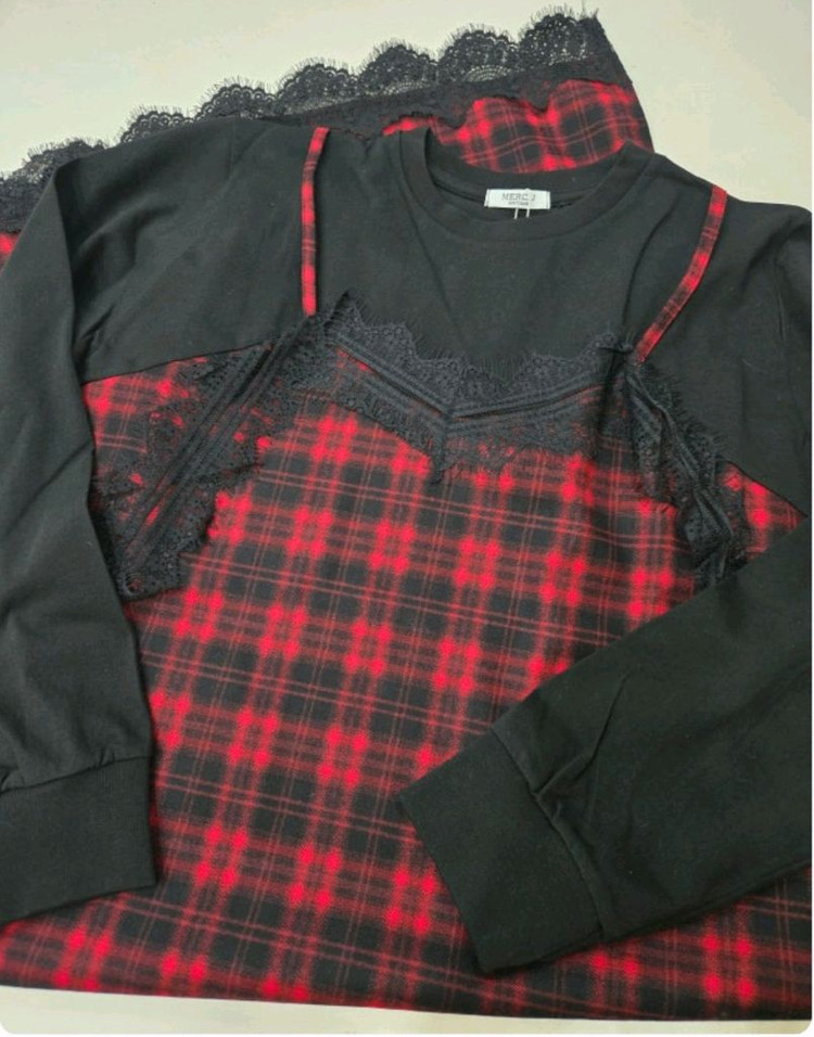 체크 레이스 뷔스티에 레이어드 롱원피스 레드--6