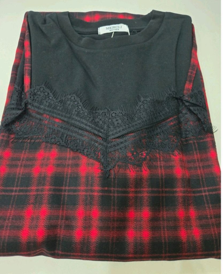 체크 레이스 뷔스티에 레이어드 롱원피스 레드--7