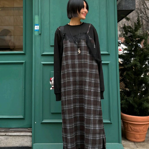 체크 레이스 뷔스티에 레이어드 롱원피스