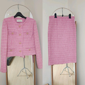모조에스핀 핑크 트위드 셋업 66 상태최상 금장버튼 하객룩 자켓 스커트