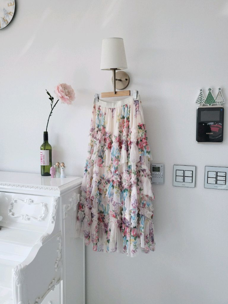 수입 플로랄 티어드 롱스커트(반택포)--1