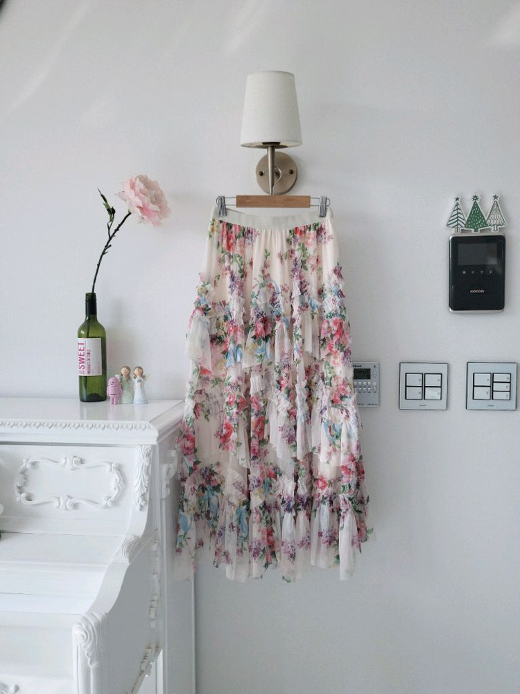 수입 플로랄 티어드 롱스커트(반택포)--2