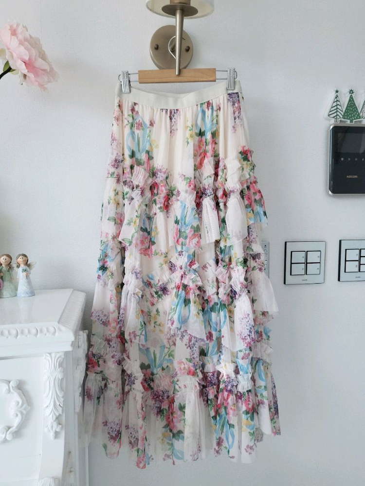 수입 플로랄 티어드 롱스커트(반택포)--7