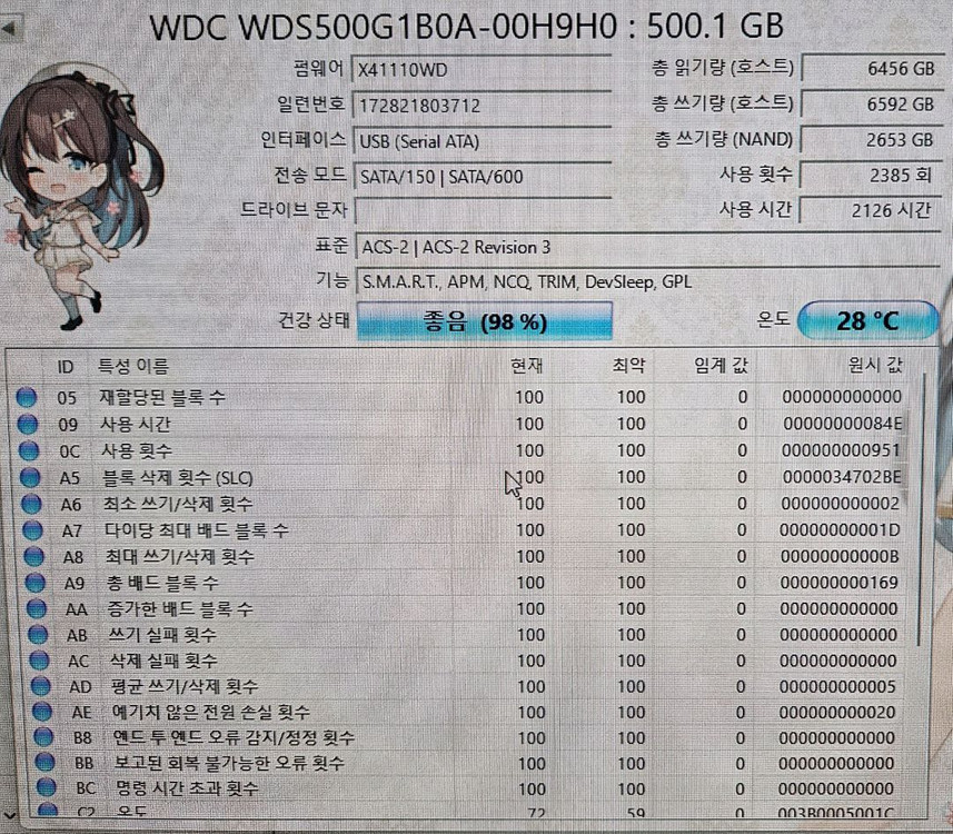 WD Blue SSD 500GB 사용량 적은 것 팝니다.--2