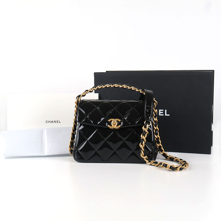 [중고명품다올] 샤넬 탑핸들 골드 체인 페이던트 미니 플랩백 블랙 금장 AS4472--1