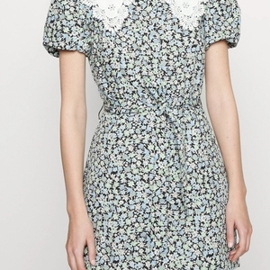 마쥬 플라워 패턴 레이스 카라 퍼프소매 미니 원피스 36사이즈