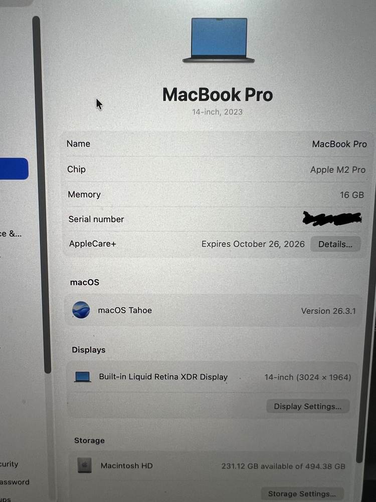 Macbook Pro m2 Pro 14 inch 512gb (애플 케어 + 보증 남아있음) 이미지