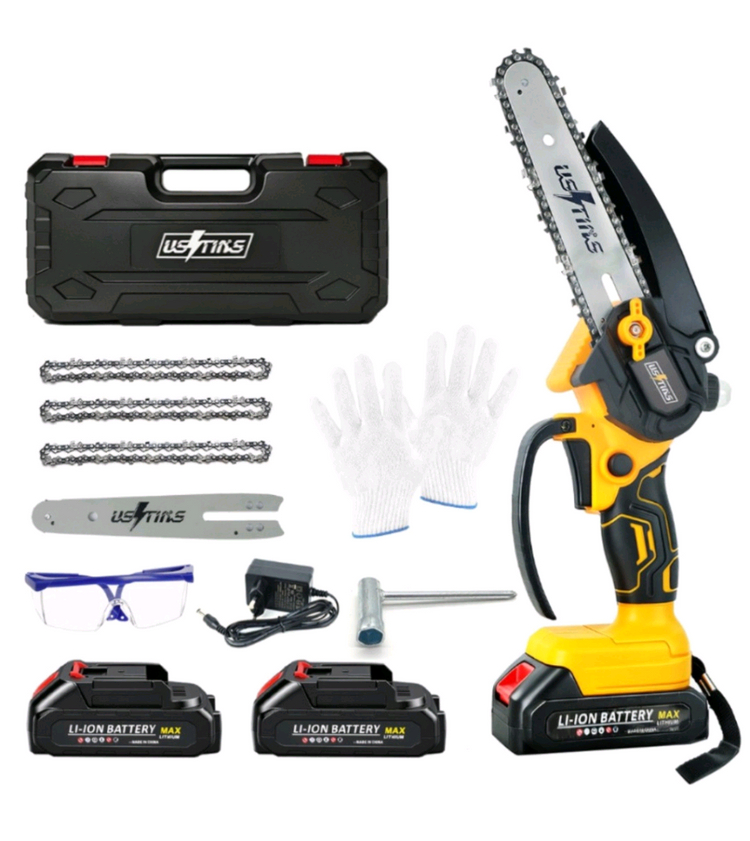 강력한 충전식 전기톱 풀세트입니다. 안전을 위한 보안경과 장갑까지 풀세트로 드립니다. 휴대와 보관이 용이한 케이스--0