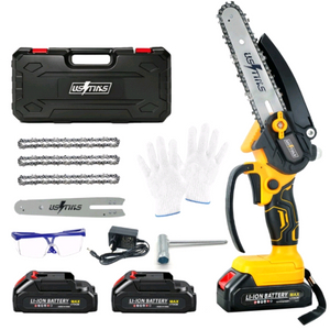 강력한 충전식 전기톱 풀세트입니다. 안전을 위한 보안경과 장갑까지 풀세트로 드립니다. 휴대와 보관이 용이한 케이스