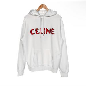 M 셀린느 코튼 플리스 라인스톤 후드 티셔츠 오프화이트