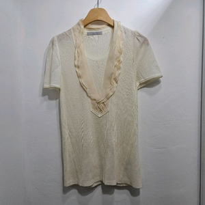 데코 실크 프릴장식 린넨혼방 반팔 니트