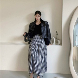 러브미우 카푸치노 깅엄 체크 스커트 드하우 요니핏 리본타이 온무드 업타운홀릭 이미지