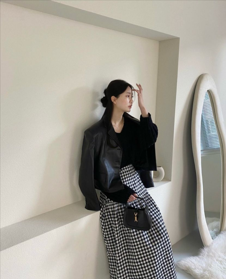 러브미우 카푸치노 깅엄 체크 스커트 드하우 요니핏 리본타이 온무드 업타운홀릭 이미지