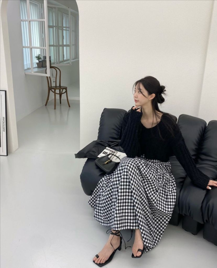 러브미우 카푸치노 깅엄 체크 스커트 드하우 요니핏 리본타이 온무드 업타운홀릭 이미지