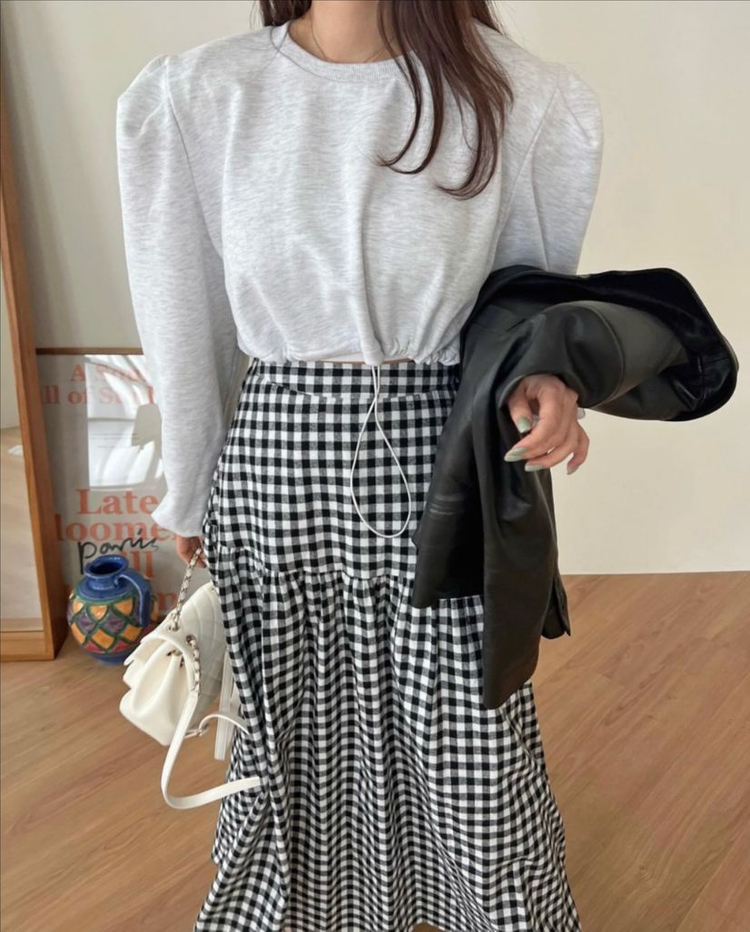 러브미우 카푸치노 깅엄 체크 스커트 드하우 요니핏 리본타이 온무드 업타운홀릭 이미지