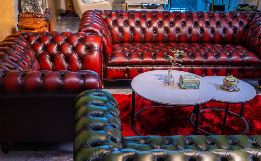 체스터필드 소파 레드&그린 3인용 1인용 이미지