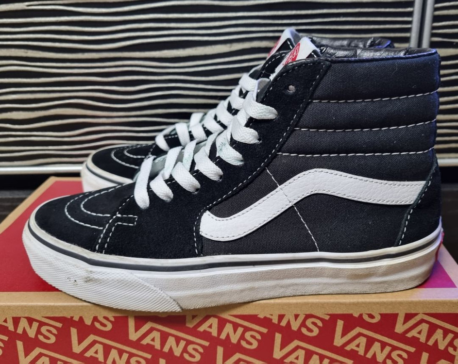 VANS 반스 블랙 화이트 하이탑 스케이트보드 슈 이미지