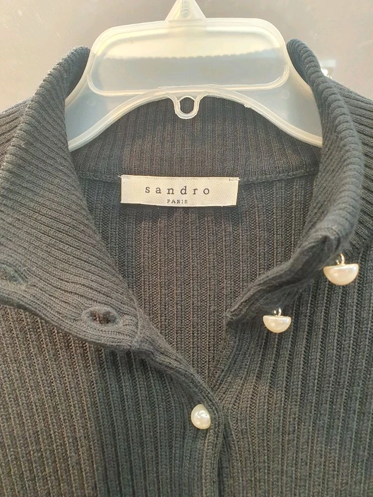 산드로(Sandro) 정품 진주 버튼 하이넥 골지 가디건 (상태 좋음) 이미지