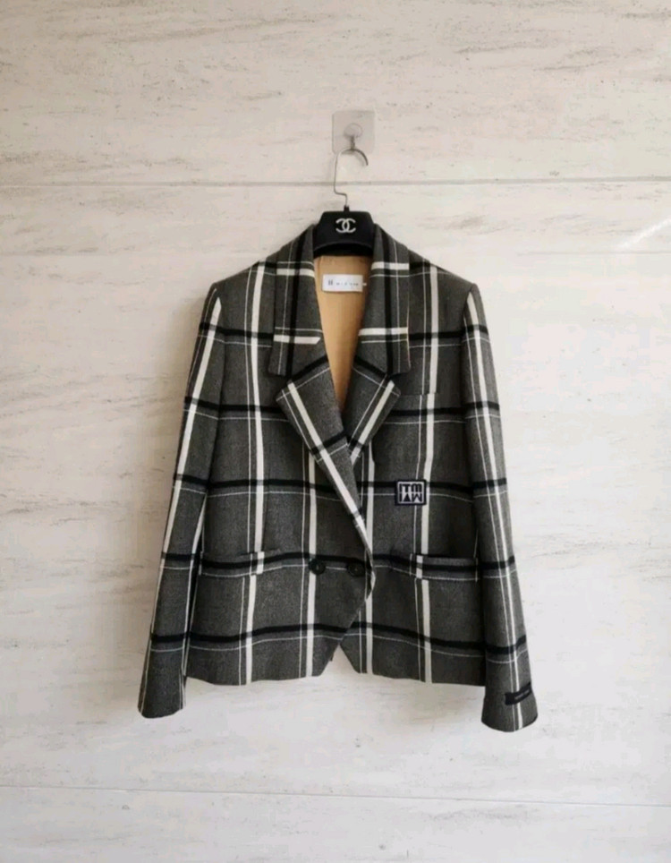 잇미샤 백버튼 체크자켓 55사이즈--5