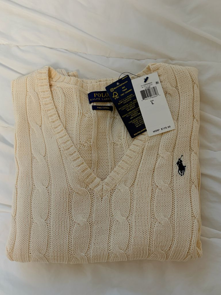 새상품 폴로 랄프로렌 케이블 니트 브이넥 스웨터 크림 L 이미지