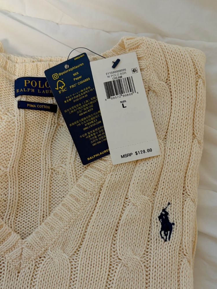 새상품 폴로 랄프로렌 케이블 니트 브이넥 스웨터 크림 L 이미지