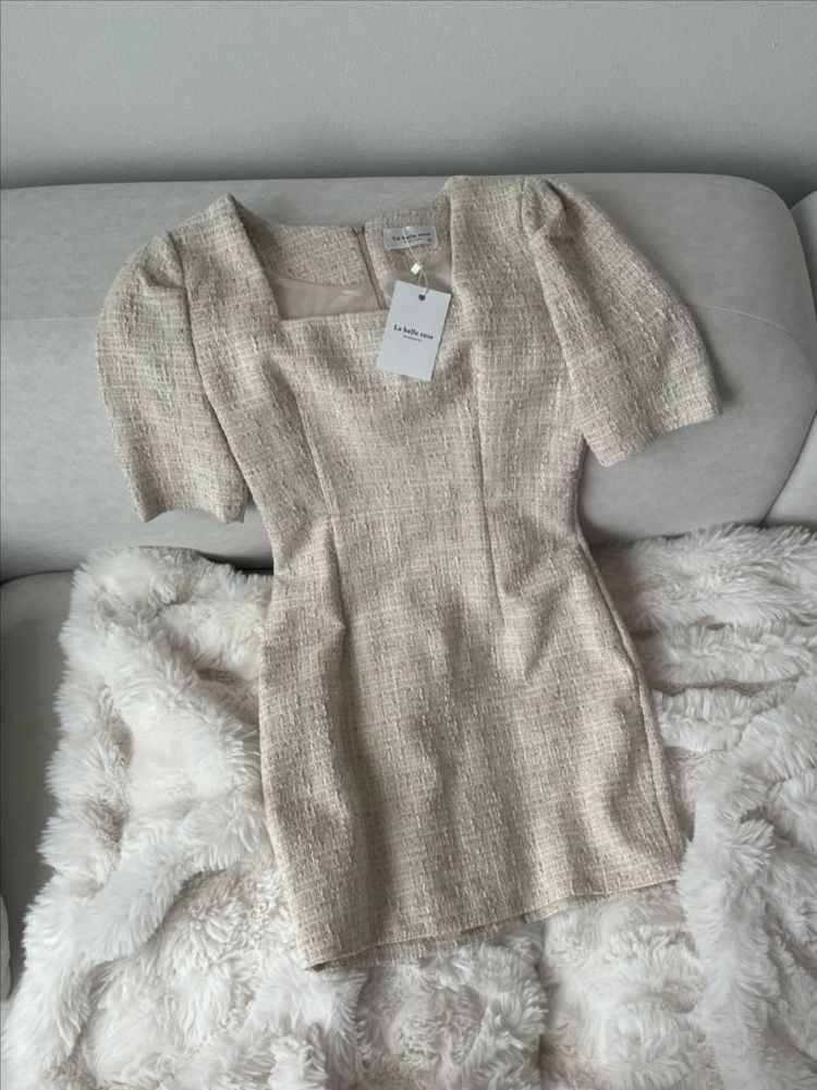 (새상품)프롬데이원 캐서린 스퀘어 하객룩 트위드원피스 베이지 S--6