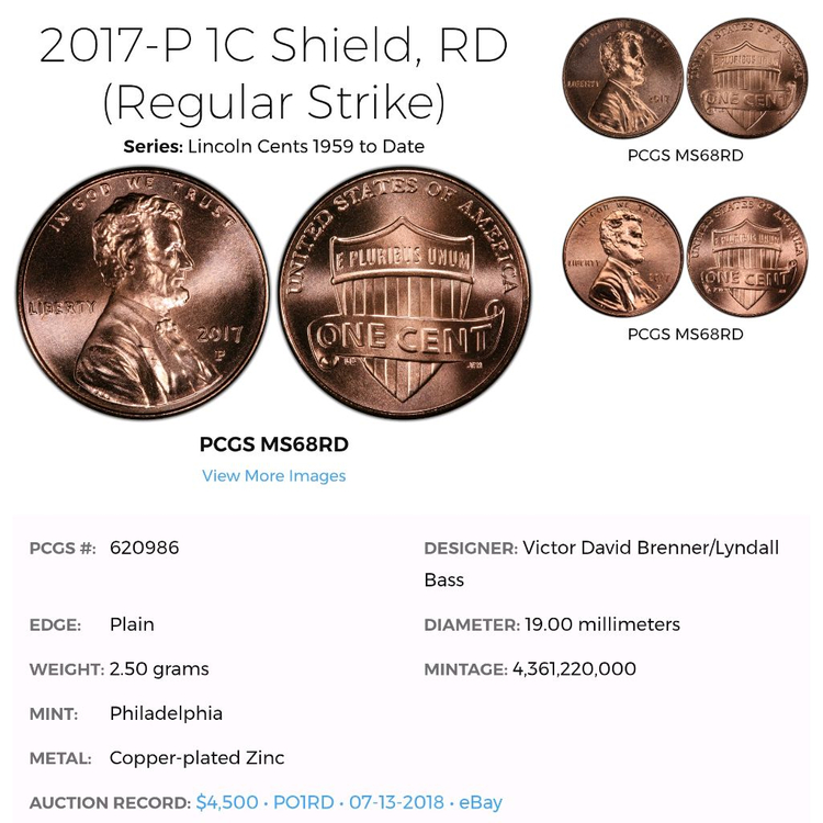 P 마크 단 1회 발행 희귀 동전 미국주화 링컨 방패 페니 2017 P 이미지