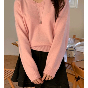 미엘 miel 캐시미어 울 니트 하이 브이넥 니트 핑크