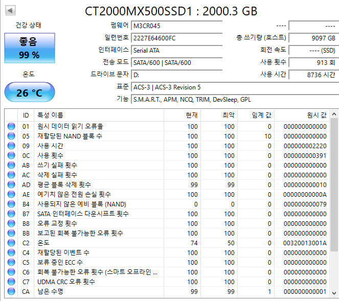 SSD 마이크론 Crucial MX500 2TB--2