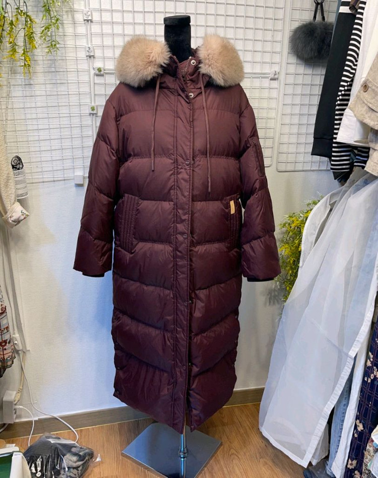 새옷 폭스퍼 롱 다운점퍼 오리털패딩 써스데이아일랜드 와인 이미지