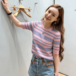 샤넬 스트라이프 반팔 여성 니트 탑