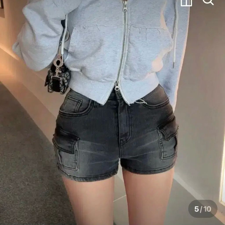 히프나틱 흑청 하이웨스트 카고 숏팬츠 반바지 S--3