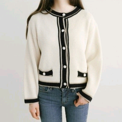 커먼유니크 레트로 트위드 배색 울 가디건 아이보리 / 스파오 수달쌀롱 리엘 언에디트 드파운드 메이비베이비 룩캐스트 이미지