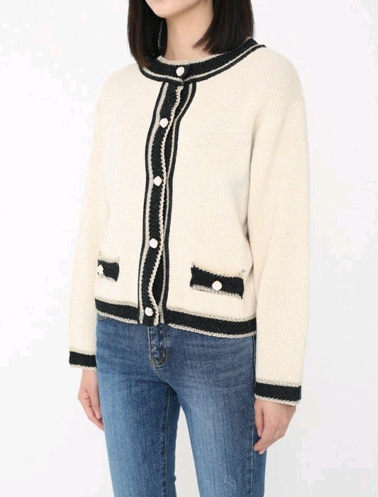 커먼유니크 레트로 트위드 배색 울 가디건 아이보리 / 스파오 수달쌀롱 리엘 언에디트 드파운드 메이비베이비 룩캐스트 이미지