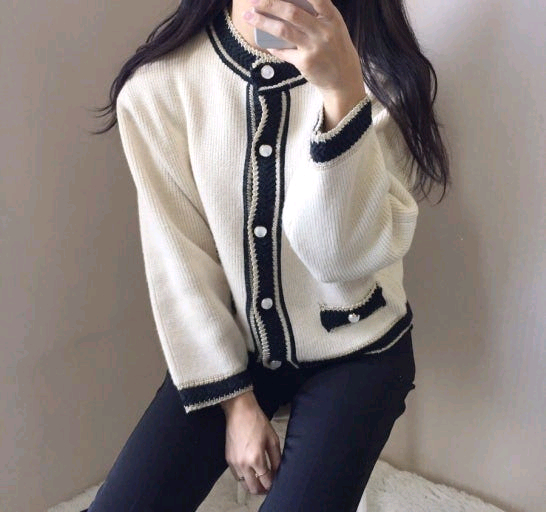 커먼유니크 레트로 트위드 배색 울 가디건 아이보리 / 스파오 수달쌀롱 리엘 언에디트 드파운드 메이비베이비 룩캐스트 이미지