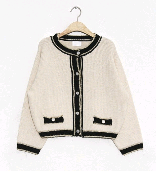 커먼유니크 레트로 트위드 배색 울 가디건 아이보리 / 스파오 수달쌀롱 리엘 언에디트 드파운드 메이비베이비 룩캐스트 이미지