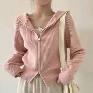 여성 주니어 크롭핏 골지 후드 집업 니트 가디건