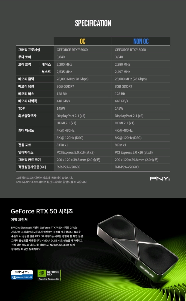 (미개봉) PNY RTX5060 OC D7 8GB Dual Fan 이미지