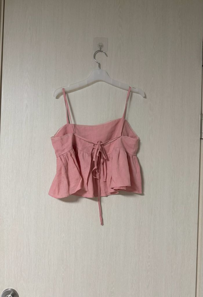 오브제스트 핑크 린넨 프릴 뷔스티에 탑 이미지
