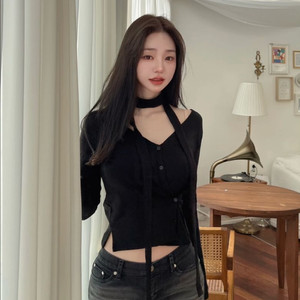 카인다미 멀티 랩 니트 가디건 블랙, 머플러 니트 가디건세트 이미지