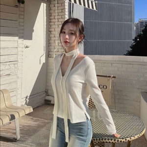 카인다미 멀티 랩 니트 가디건 아이보리, 머플러 니트 가디건세트 이미지