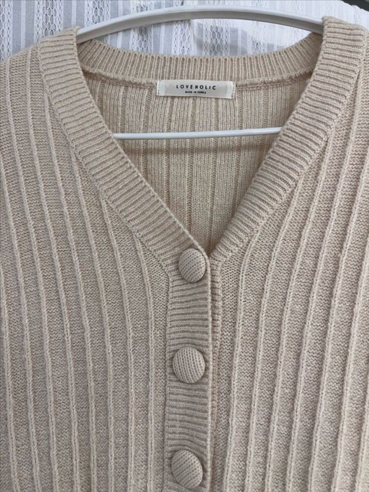 골지니트 브이넥 스커트 플레어 베이지 원피스 이미지