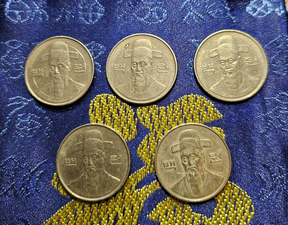 한국 100원 동전 1987년 5개 일괄 이미지