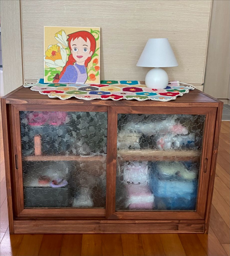 지요의 목공소 빈티지 소나무 원목 미닫이 수납장 구름 유리 이미지