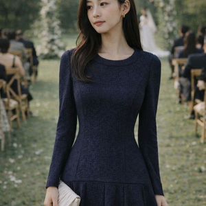 JJ지고트 프리미엄 빈티지 네이비 자카드 플레어 원피스(44~날씬55) 이미지