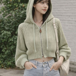 세이지 크롭 니트 후드집업 / 여리핏 볼륨소매 피스타치오 봄니트