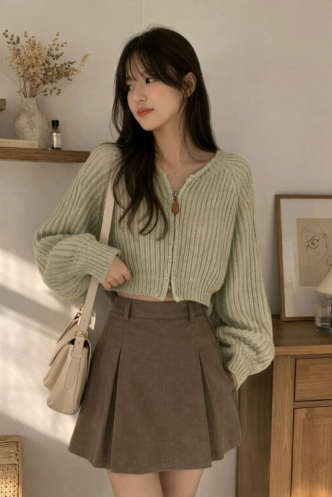 세이지 크롭 니트 후드집업 / 여리핏 볼륨소매 피스타치오 봄니트--1