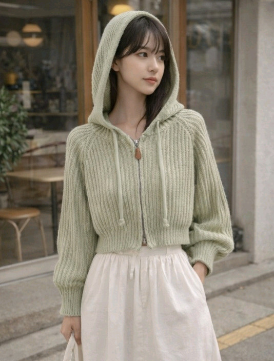 세이지 크롭 니트 후드집업 / 여리핏 볼륨소매 피스타치오 봄니트--4