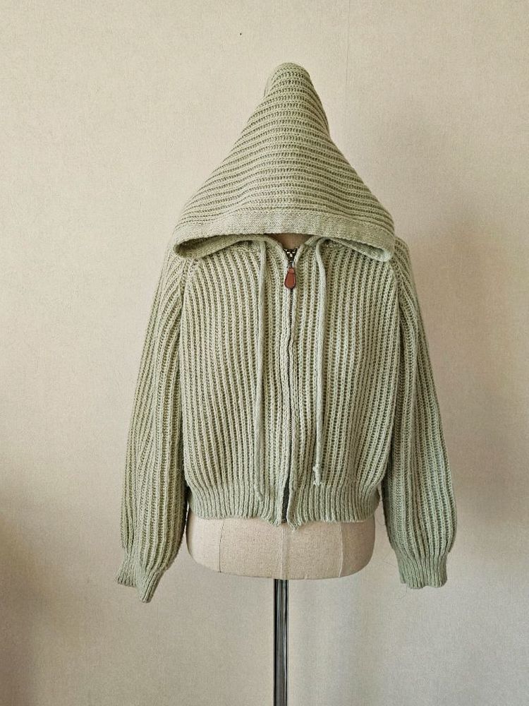 세이지 크롭 니트 후드집업 / 여리핏 볼륨소매 피스타치오 봄니트--5
